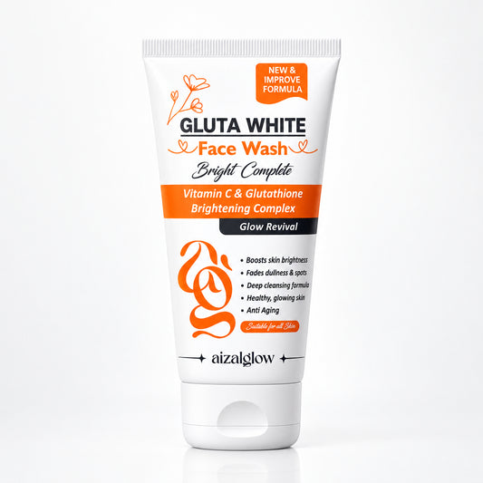Aizal Glow Gluta White Face Wash with Glutathione and Vitamin C for brighter, healthy-looking skin.